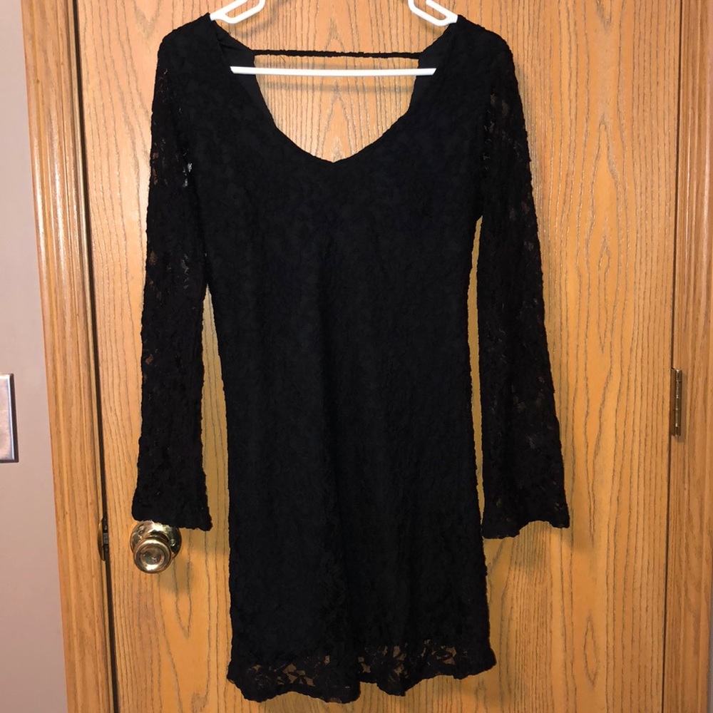 Black, lace mini dress with long sleeves